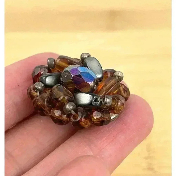 VTG Glass Bead Cluster Clip On Earrings Brass West Germany Iridescent - Picture 13 of 13